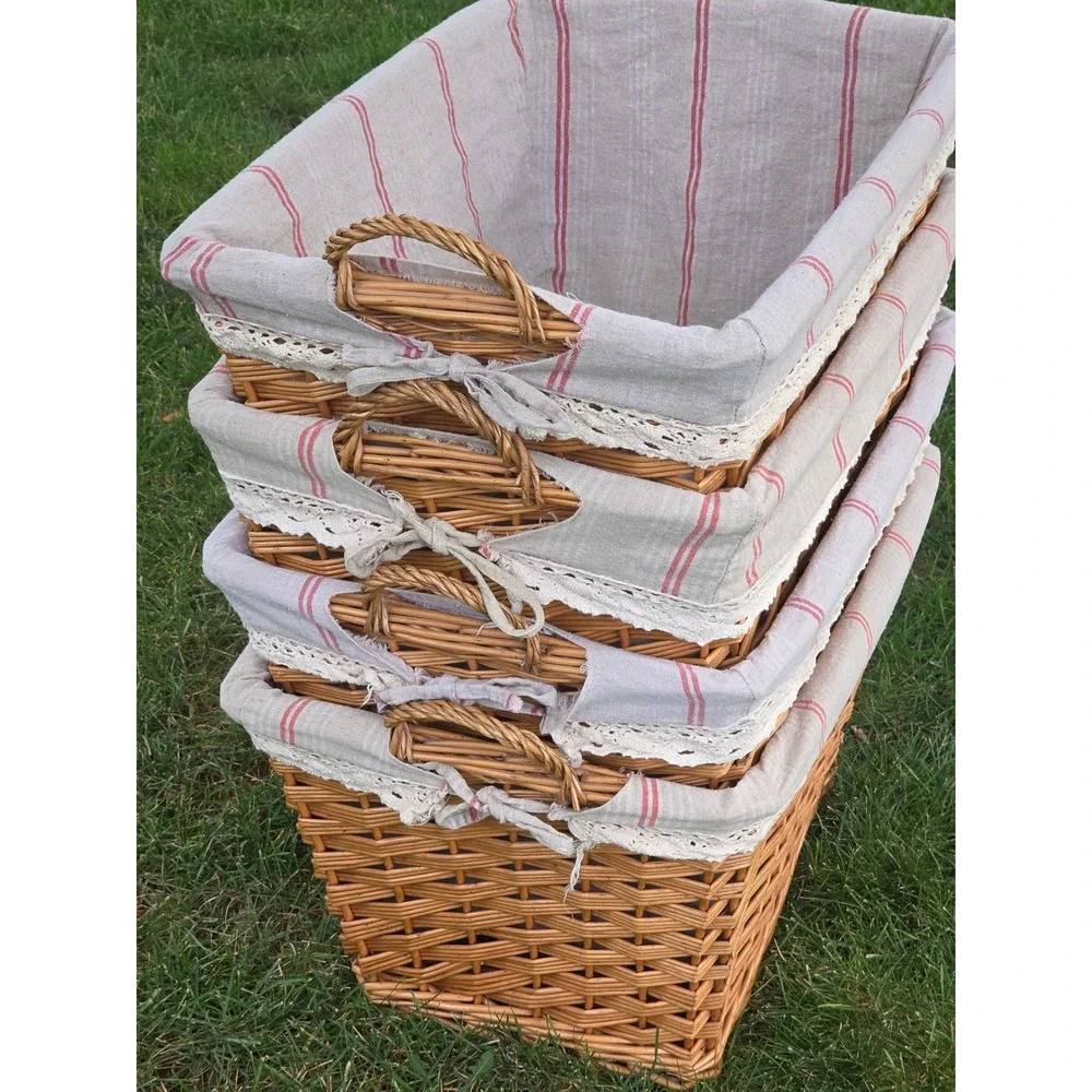 Set of 4 Wicker Storage Baskets Red Ticking Stripe Linen Liner French Country